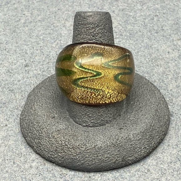 Art Glass Ring Green Gold Copper Swirl Iridescent Chunky Size 7.5–8 Artisan BoHo - Picture 1 of 6